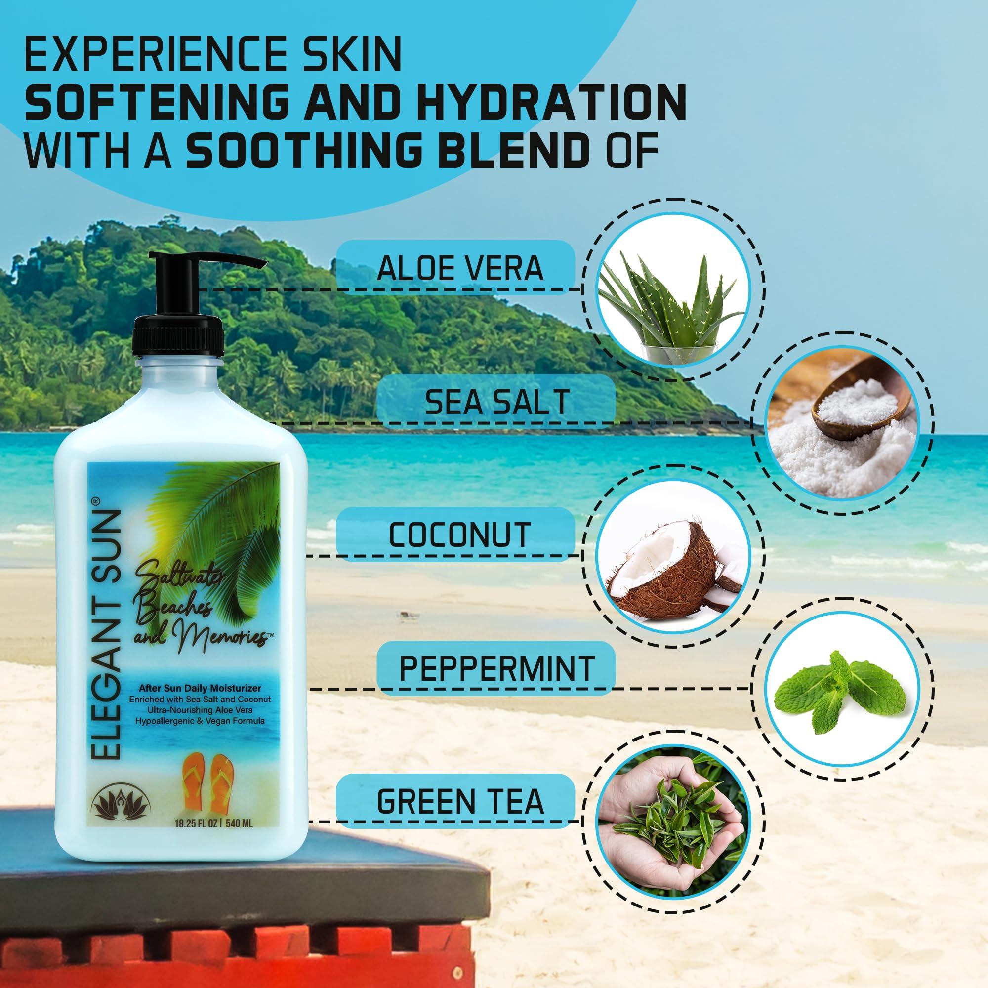 Elegant Sun Saltwater Beaches Tan Extender, After Sun Lotion or Tanning Bed Moisturizer, Aloe Vera Base, Hypoallergenic, Sensitive Skin Care Lotion for Men or Women, Unisex Fresh Scent, Elegant Sun