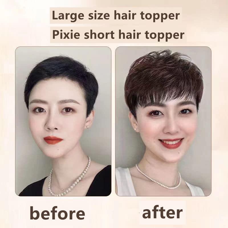 BESTOPPER BESTOPPER Human Hair Short Curly Hair Toppers For Women,16X18cm Womens Large Base Pixie Hair Toppers For Thinning Bouffant Hairstyles Short Hair Hair Extensions (Jet black(1#), Wavy/straight)