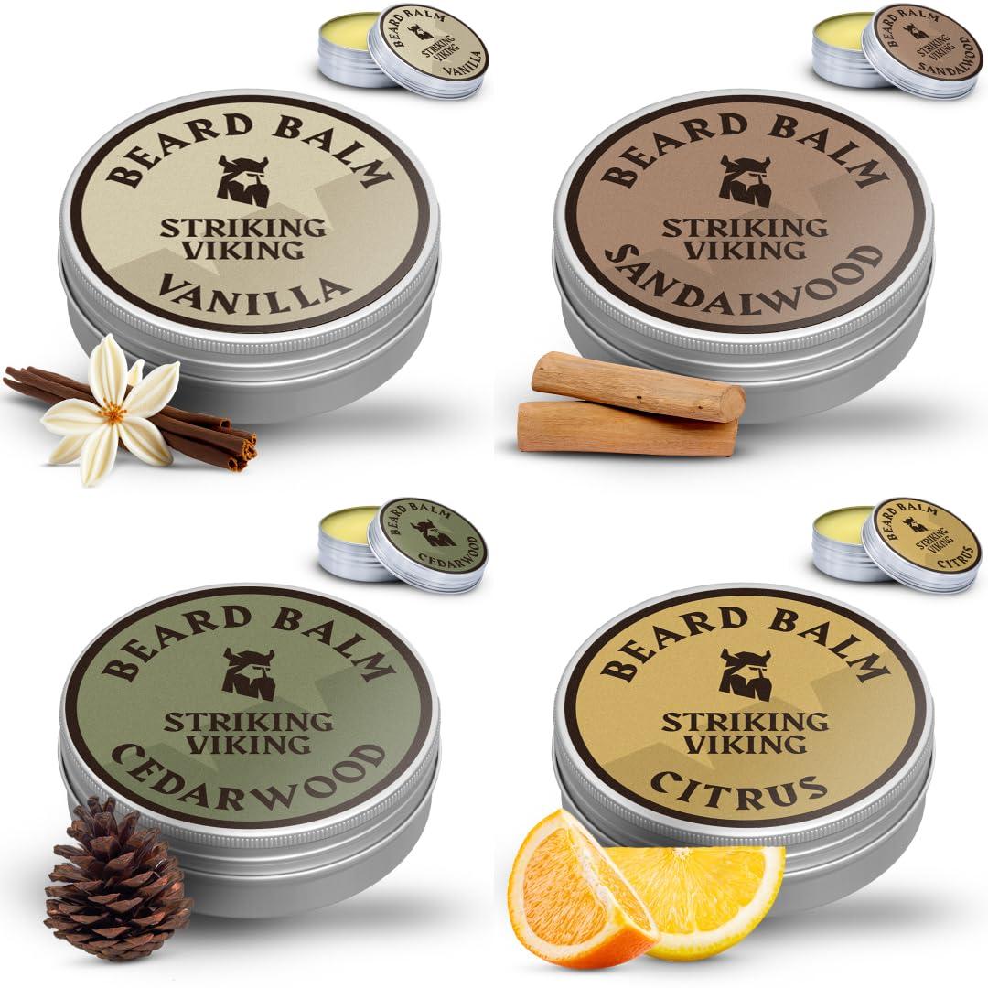 Striking Viking Striking Viking Beard Balm for Men - Leave-In Beard Conditioner with Naturally Derived Butter, Argan & Jojoba Oils, Citrus Vanilla Sandalwood Cedarwood Scents, 1 Ounce (Pack of 4) - Mustache Wax