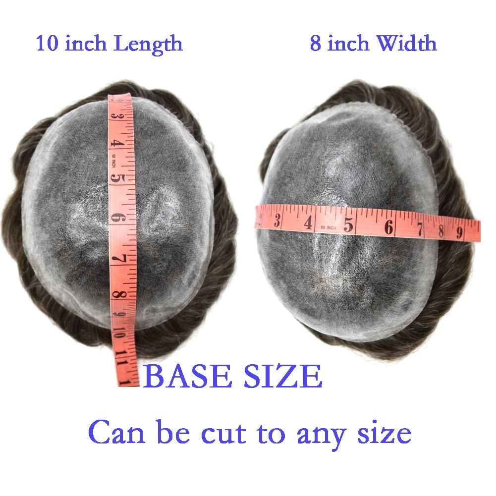 F M FACE MIRACLE NEW YORK Toupee for Men Human Remy Hair Replacement System FACE MIRACLE 0.1mm PU Injected Mens Toupee Hair Units Thin Poly Men Hair Piece Man Wigs (8X10"-120% Light to Medium Density, #330 3# DARK BROWN WITH 30% SYNTHETIC GREY)