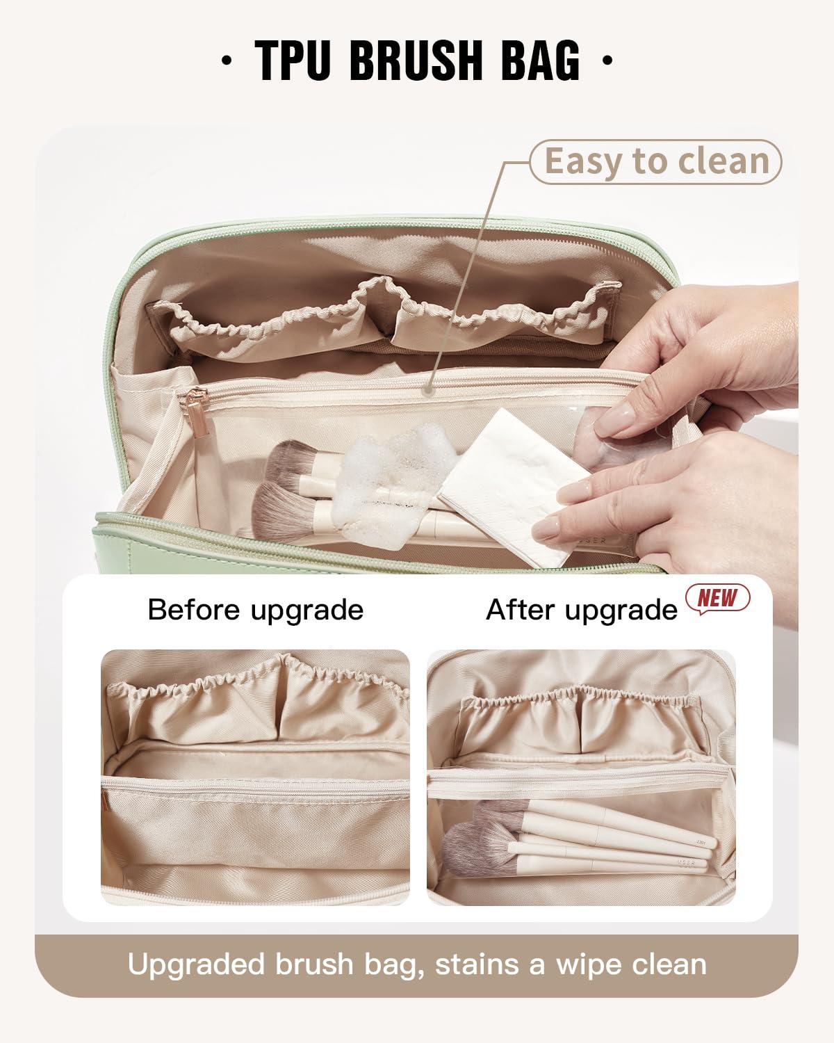 EACHY EACHY Travel Makeup Bag, Large Capacity Cosmetic Bags for Women, Waterproof Portable Open Flat Toiletry Bag Make up Bag with Divider and Handle, Gifts for Women (F-Green, Medium)