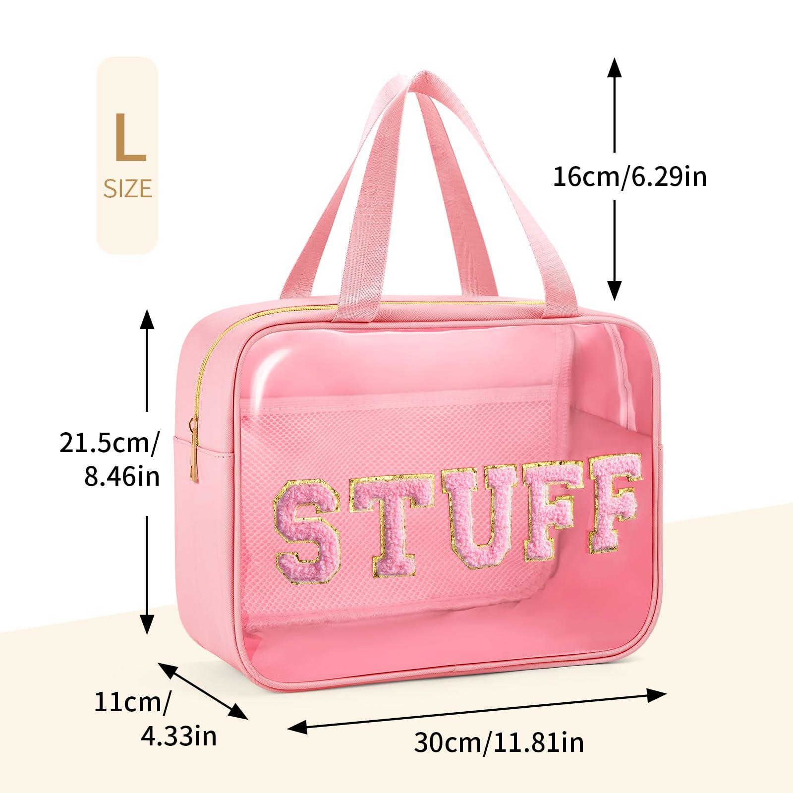 Glitzcharm Glitzcharm Clear Makeup Bag Transparent Cosmetic Bag Organizer for Women Waterproof Travel Toiletry Bag Portable Make up Bag with Chenille Letter, Large, Pink