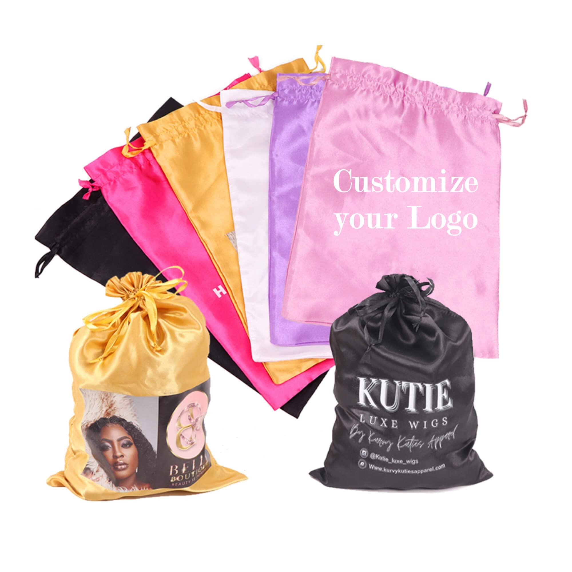 Ecojunmi Custom Printed Wig Storage Satin Bags with Drawstring, 20-100 Pcs/Lot Personalized Logo Silk Hair Bag For Hair Bundles Headband Wig Lace Wig, Pouches Gift Bags Cosmetic Bags (50Pcs/Lot, White)