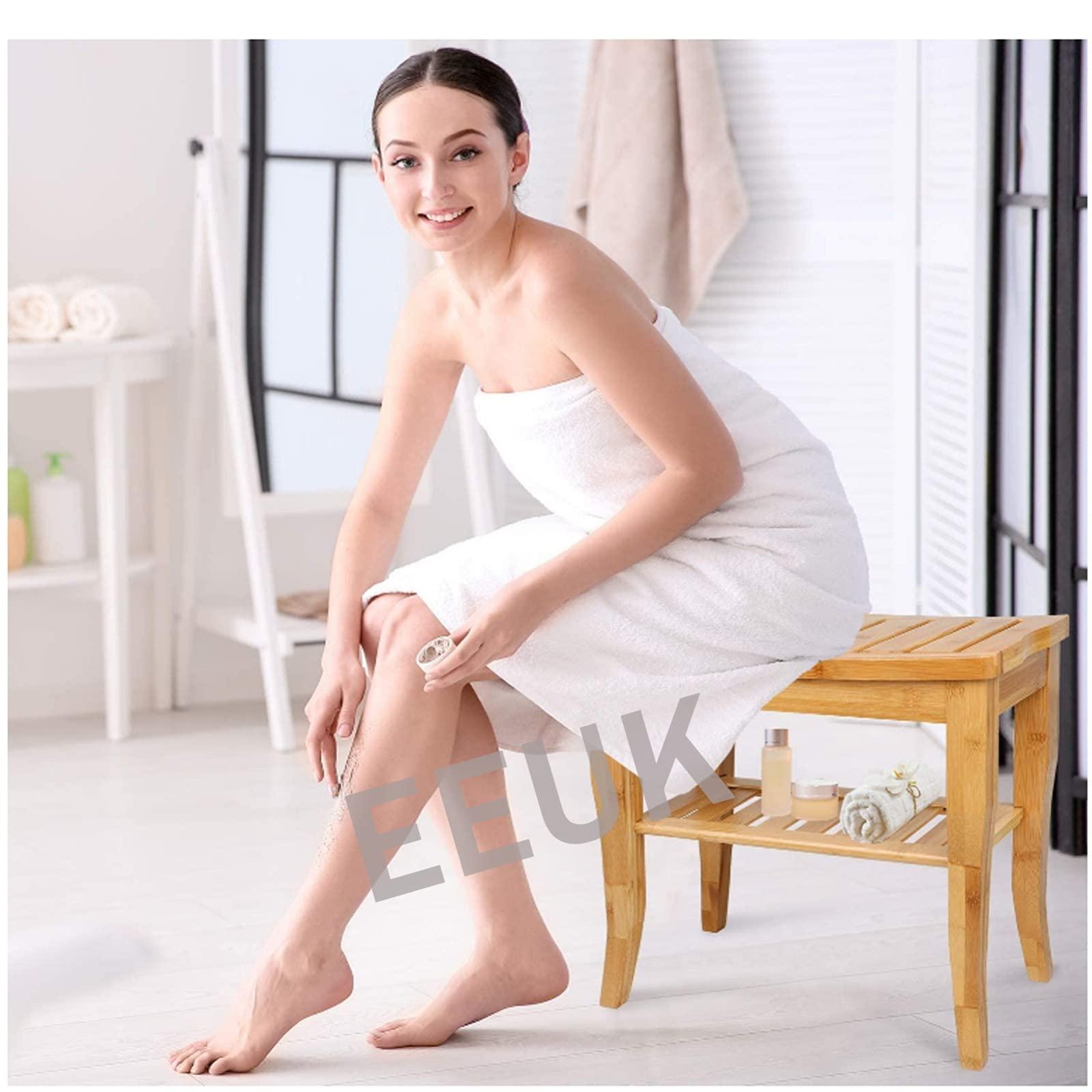 MQSS MQSS Shower Bench Wood Waterproof, Bamboo Teak Shower Stool for Shaving Legs with 2-Tier Storage Shelf Shower Spa Chair Seat for Indoor Outdoor