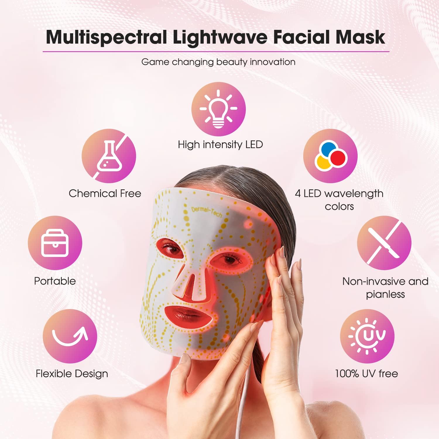 Dermal-Tech Dermal-Tech Light Therapy Face Mask Rejuvenation FDA Cleared PDT LED Facial Red Light Therapy Face & Neck Lift & Tightening Machine, Anti Aging, Dark Spot Remover Device (Flexible Silicom)