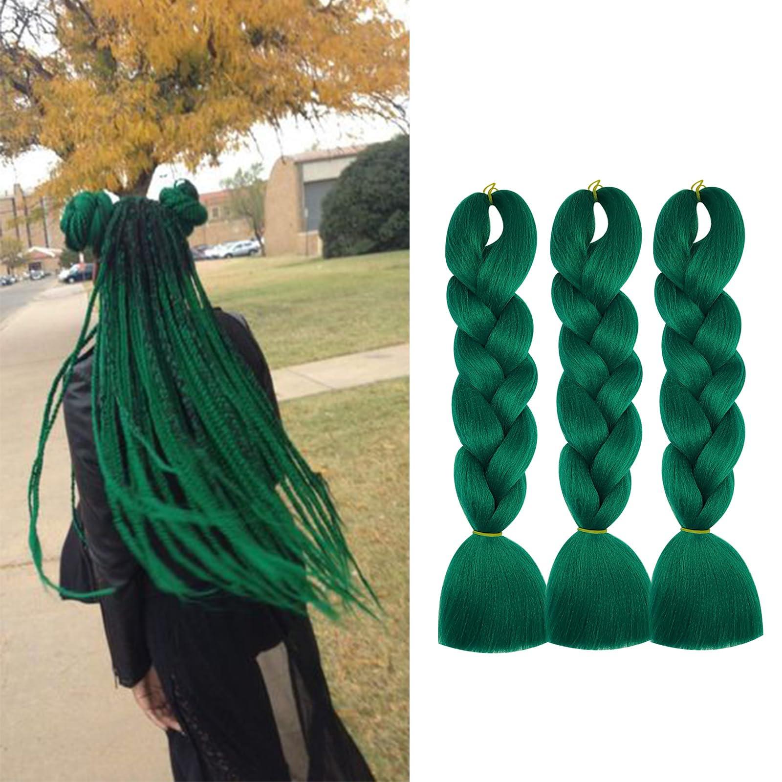 Herina Herina Dark Green Hair Extensions 3pcs Green Braiding Hair For Fake Braids High Temperature Jumbo Braiding Hair For Braids(3pcs/pack)