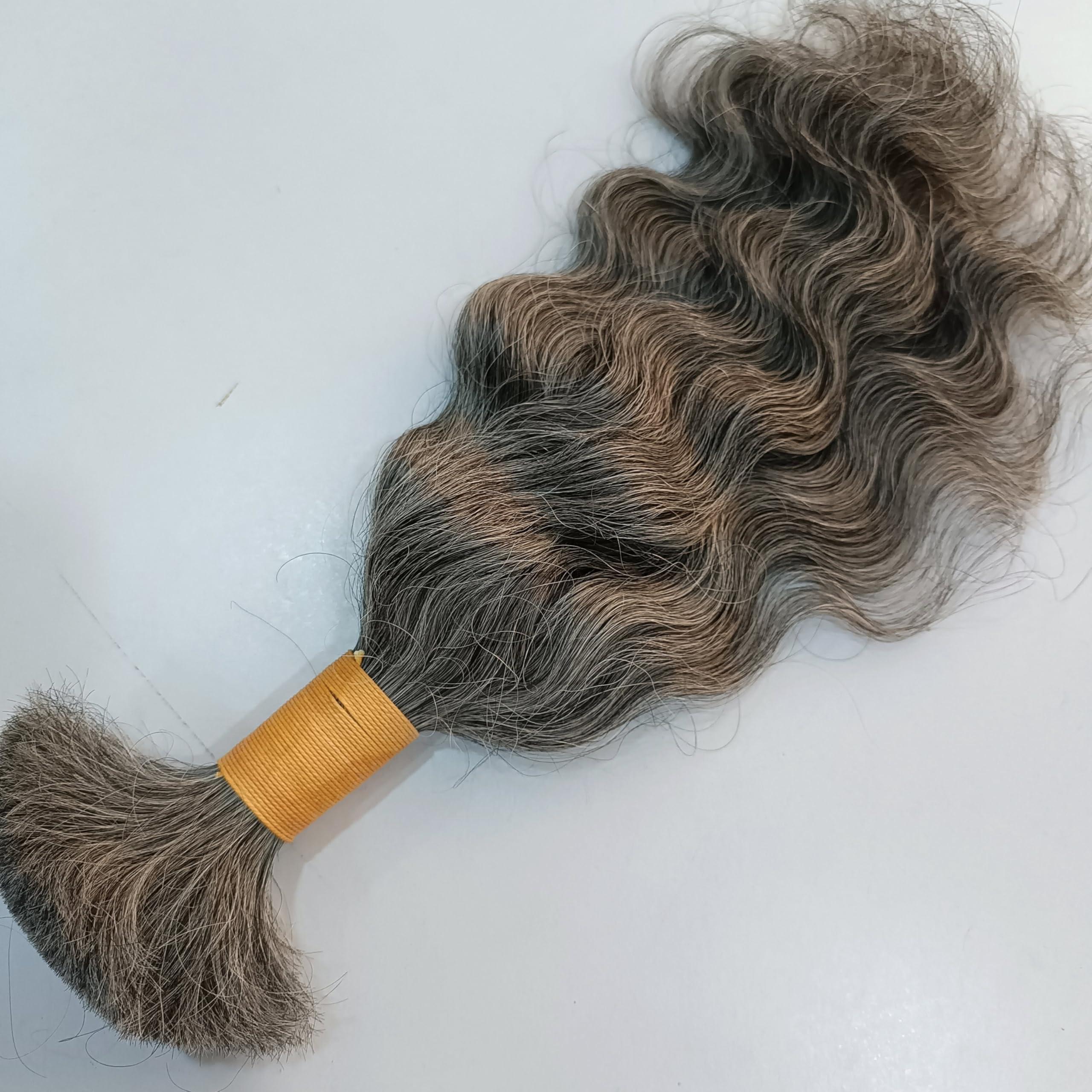 Hat Hair Extensions 100% Natural Raw Unprocessed Hair Extensions (Grey), Indian Grey Braiding Wavy Human Grey Hair Extensions salt and pepper. non-sewn bulk/braid grey salt and pepper human hair. (14 Inches)