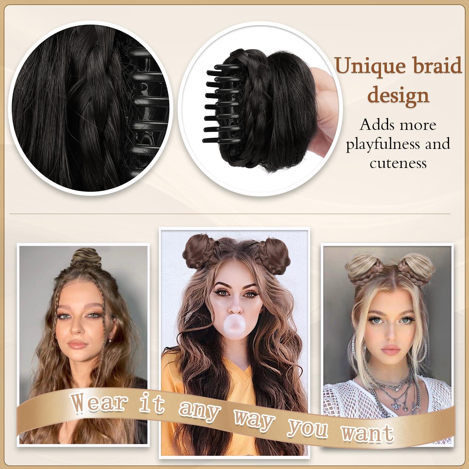 SOFEIYAN SOFEIYAN 2PCS Mini Claw Clip in Hair Bun Braid Messy Cat Ears Hair Bun Extension Synthetic Donut Wig Accessory Updo Space Bun Braid Hair Pieces for Women Girls, Brown & Blonde