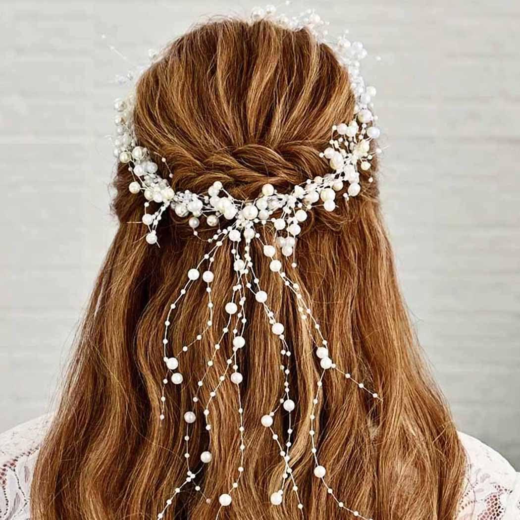 BARTOSI BARTOSI Pearl Bridal Headband Silver Pearl Tassel Wedding Hair Accessories Prom Headpiece for Women and Brides