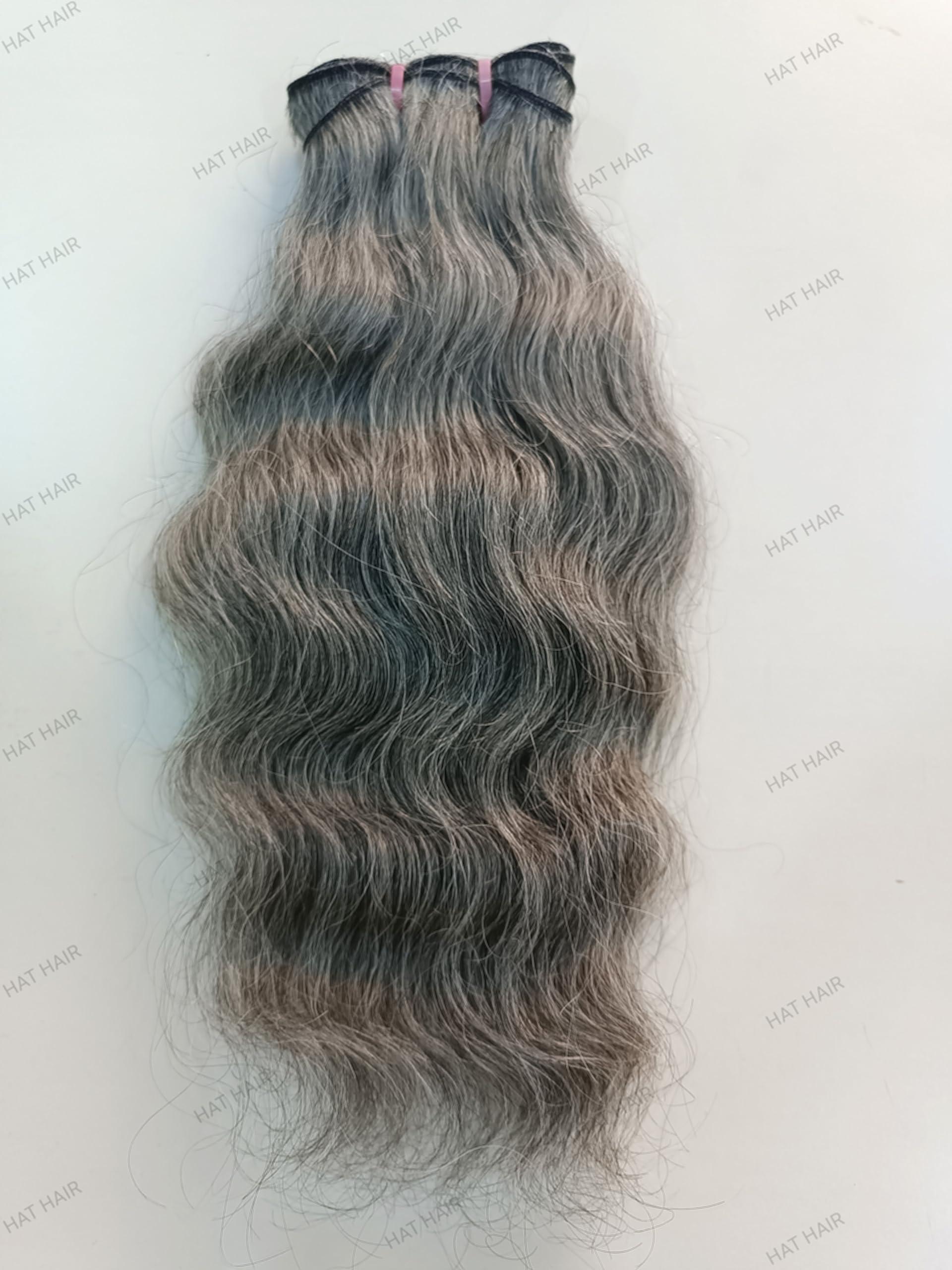 Generic Raw unprocessed Grey - Salt and Pepper Indian Wavy Human Hair Extensions - Remy Human Hair Extensions Single Donor Bundle (100 grams - 3.5 oz) (18 Inches)