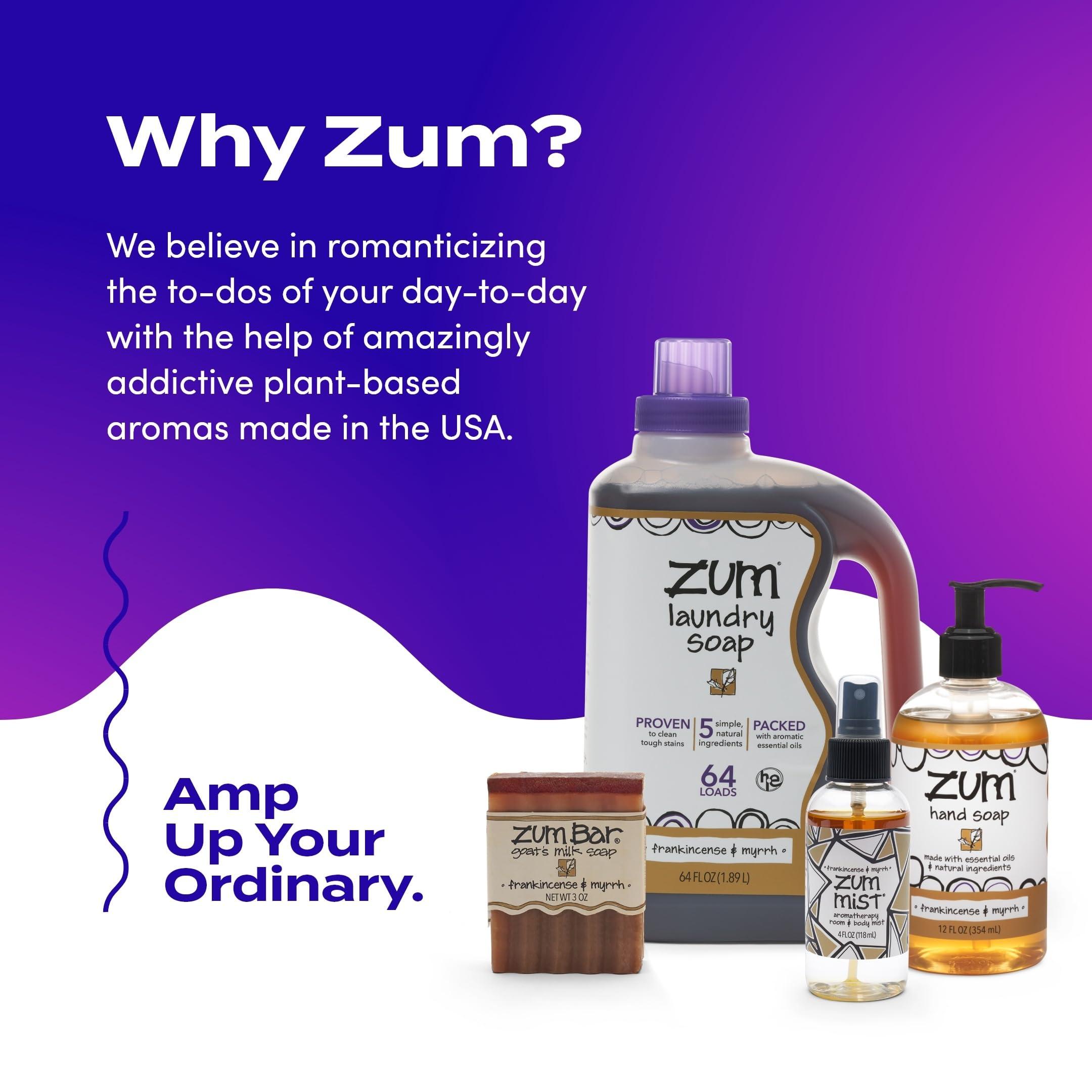 Zum Zum Indigo Wild Home Essentials - Laundry Soap (64 oz) - Liquid Hand Soap (12 fl oz) - Room Spray Air Freshener (4 fl oz) - Goat Milk Soap Bar (3 oz) - Frankincense & Myrrh Scent