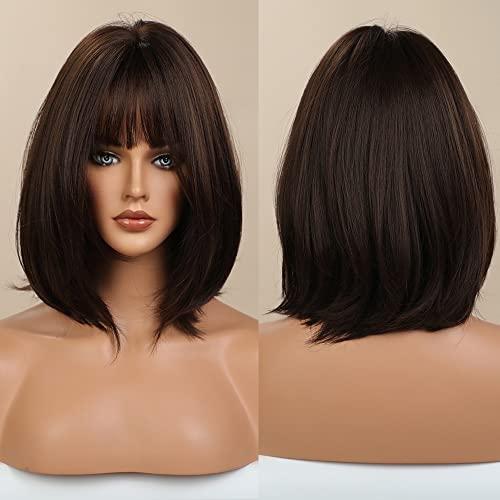 EMMOR EMMOR Dark Brown Bob Wigs for Women Shoulder Length Synthetic Wig with Fringe Bangs High Heat Resistant Wig(Dark Brown)