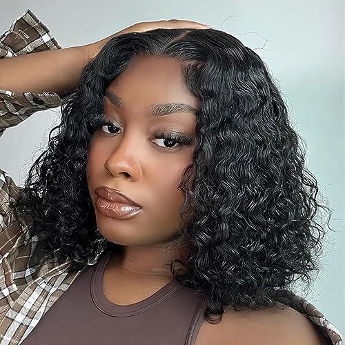 ISEE ISEE Hair Wear and Go Glueless Wigs Bob Wigs Human Hair Pre Plucked Water Wave Lace Front Wigs Human Hair Upgraded No Glue Transparent Lace Closure Wigs Human Hair for Women Natural Black 10 Inch
