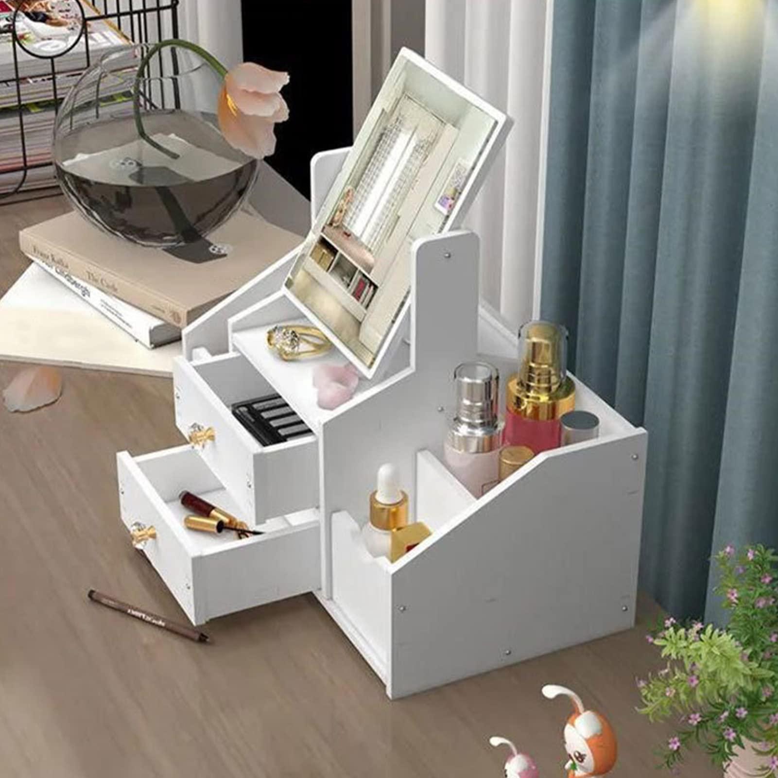 Cyrank Drawer Makeup Organizer for Vanity, Large Capacity Cosmetic Makeup Drawer Organizer White Cosmetic Storage Drawer Desktop Makeup Container with Mirror
