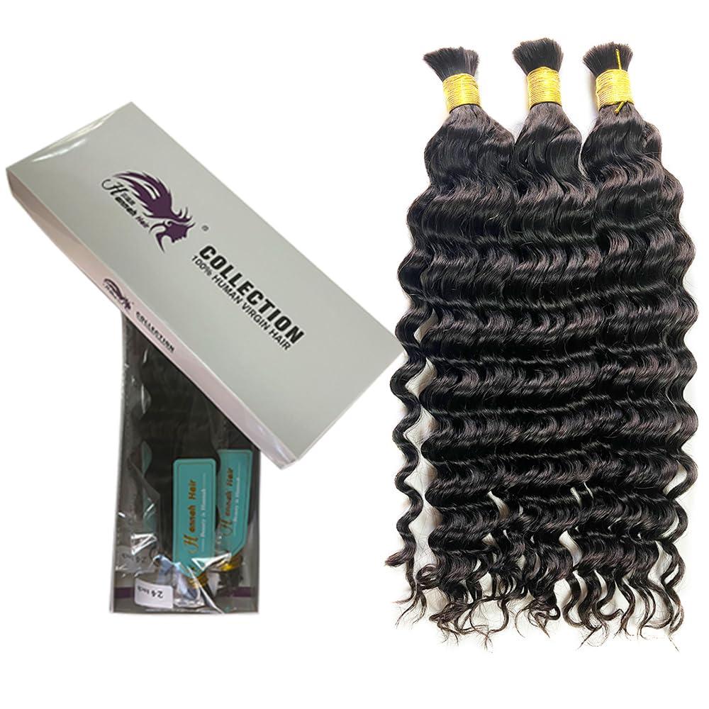 XISHIHONGYAN Boho Knotless Braids Human Hair Micro Braids Extension Hair Deep Curly Human Bulk Hair 24 Inch 1pack (3bundles(300g) Natural Black Color