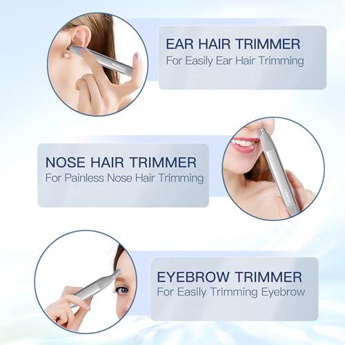 HEBECA HEBECA Nose Hair Trimmer for Women 2in1 Facial Hair Removal Trimmer - Metal Body, Rechargeable, Waterproof, Portable - Nose, Ear, Eyebrow, Peach-Fuzz, Lips, Chin FT2001 (Silver)