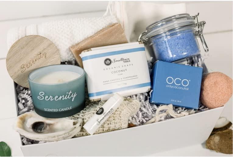Smalltown Table Thank You Gift Box for Women - Spa Kit, Coconut Soap, Beach Scented Candle, Bath Salt Soak, Handmade Vegan, Eco-Friendly Presents