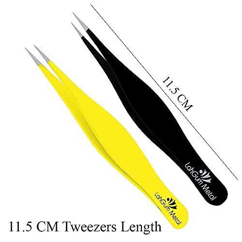 LahGum Metal Super Sharp Pointed Tweezers Precision Fine Point Tip Ingrown Hair Tweezers Kit Best Pointed Tweezers for Women Chin Hair Removal - Extra Thin Tweezers Precision Stainless Facial Hair Remover for Face