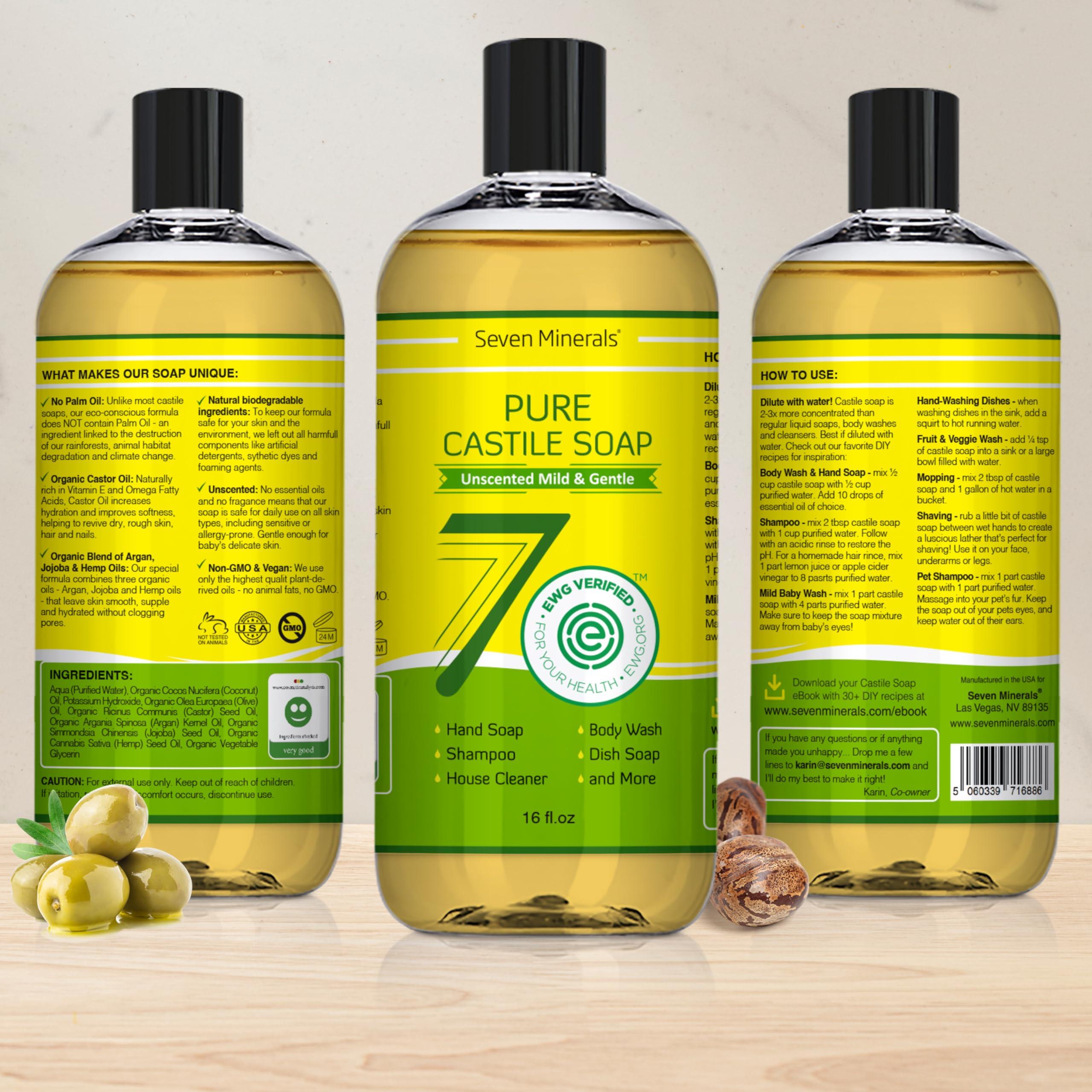 Seven Minerals Pure Castile Soap - No Palm Oil, GMO-Free - Gentle Liquid Soap For Sensitive Skin & Baby Wash - All Natural Vegan Formula with Organic Carrier Oils (16 Fl Oz, An Unscented)