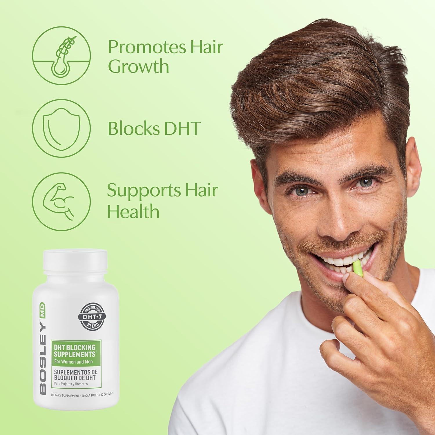 BosleyMD DHT Blocking Supplements DHT7 Blend with Saw Palmetto, Kelp, Reishi Mushroom, Green Tea, Nettle Leaf, Dandelion Root & Pygeum Bark Promotes Thicker, Fuller Hair for Men & Women 60 Capsules