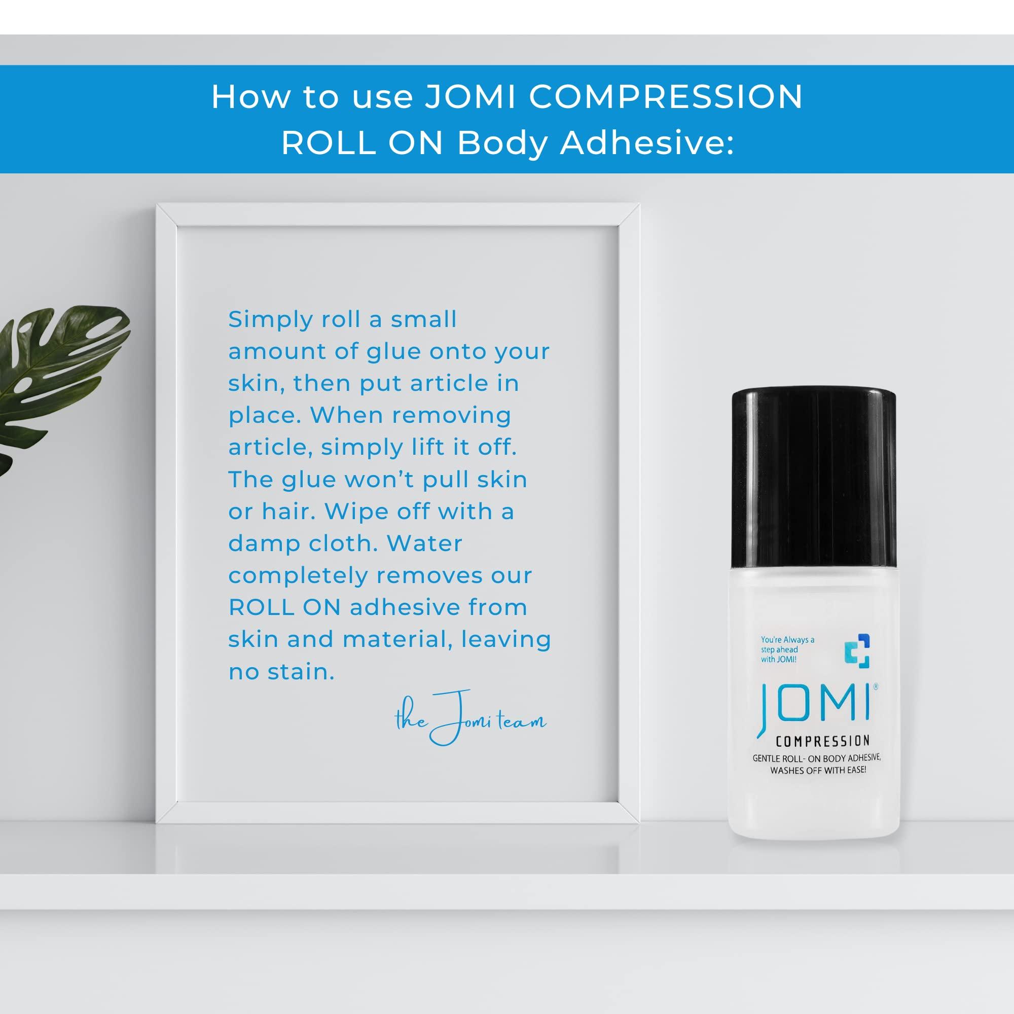 JOMI COMPRESSION Premium Roll On Body Glue for Skin, Liquid Fashion Tape, Butt Glue for Dancers, Body Glue for Clothes & Fashion, Sweat Resistant Skin Adhesive, Sock Glue, Wig Glue, Residue Free, Made in USA