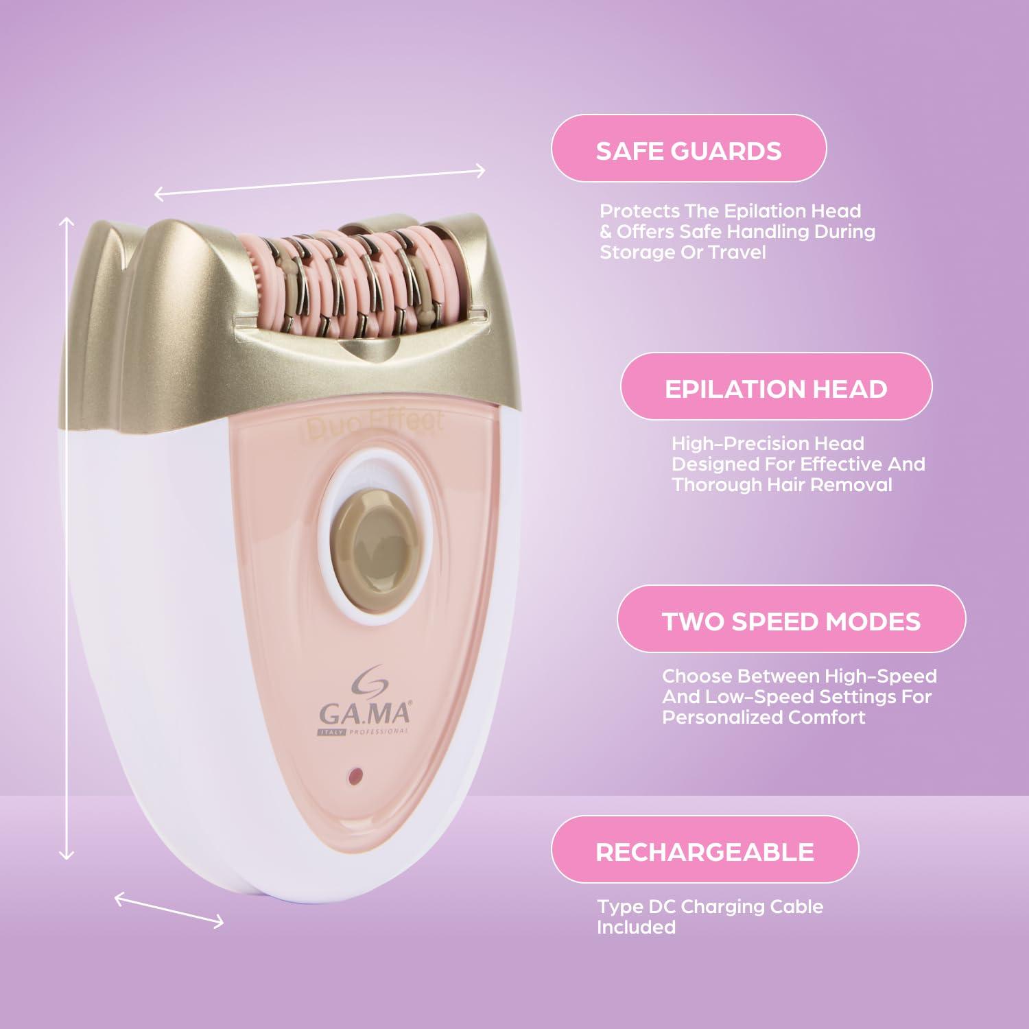 Epilady Epilady Gama Delicare Duo Rechargeable Epilator for Women, Cordless Electric Hair Removal Device, Hair Remover for Women, Bikini Trimmer for Women Pubic Hair, Dual Head, Dual-Volt, 2-Speed, LED Light