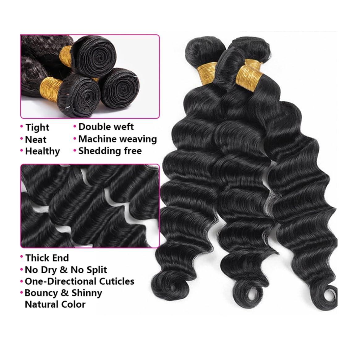 Taziza Loose Deep Wave Bundles with Closure Human Hair(24 26 28+22 Inch,Free Part) Pre Plucked with Baby Hair 12A Loose Wave Bundles with 4X4 Closure Raw Human Hair Loose Deep Curly Bundles and Closure