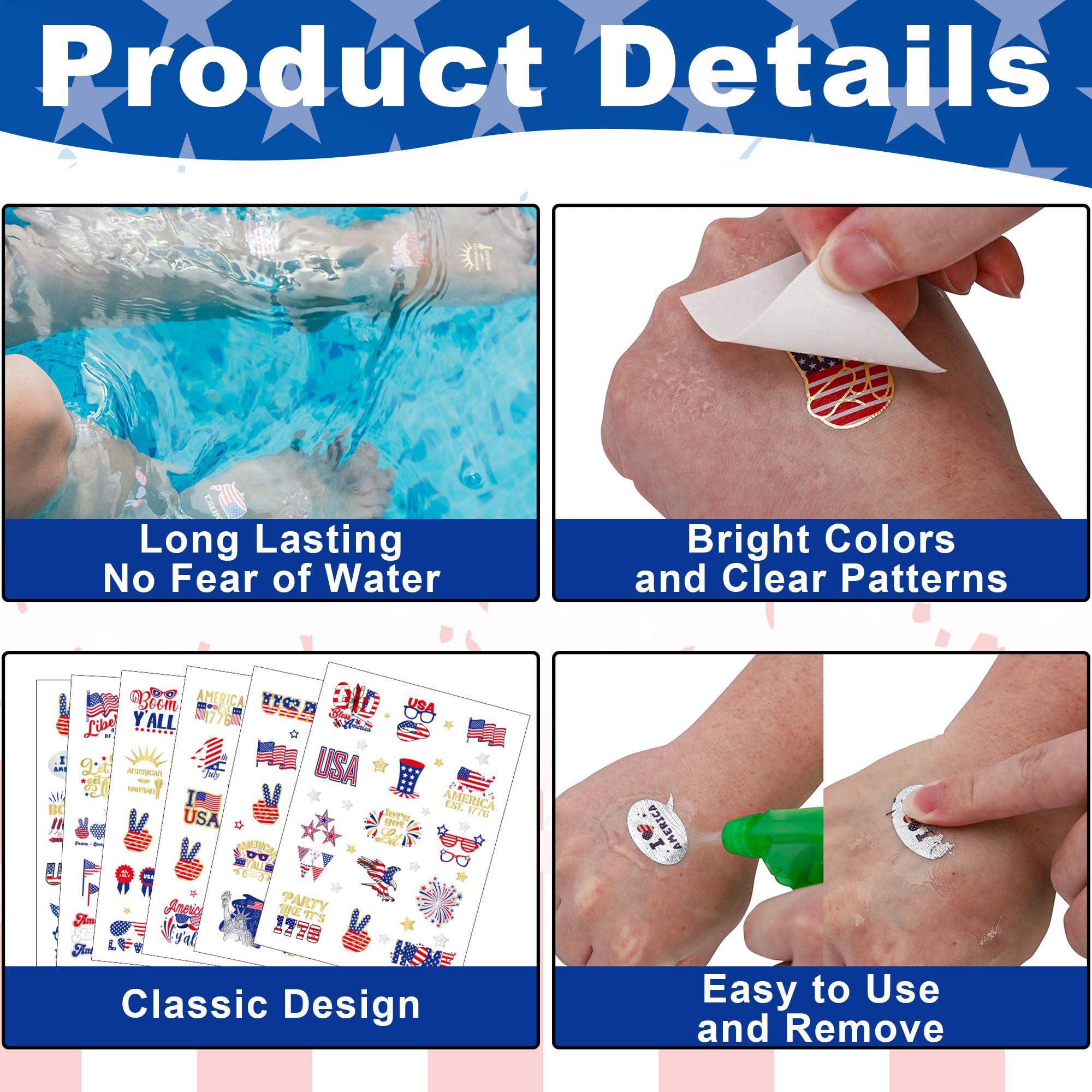 Huskein 188 PCS Veterans Day Temporary Tattoo Set, 4th of July Waterproof Face Body Stickers, Patriotic Parade Accessories, Fourth of July Long Lasting Temporary Tattoo, Party Supplies Thank You Veterans