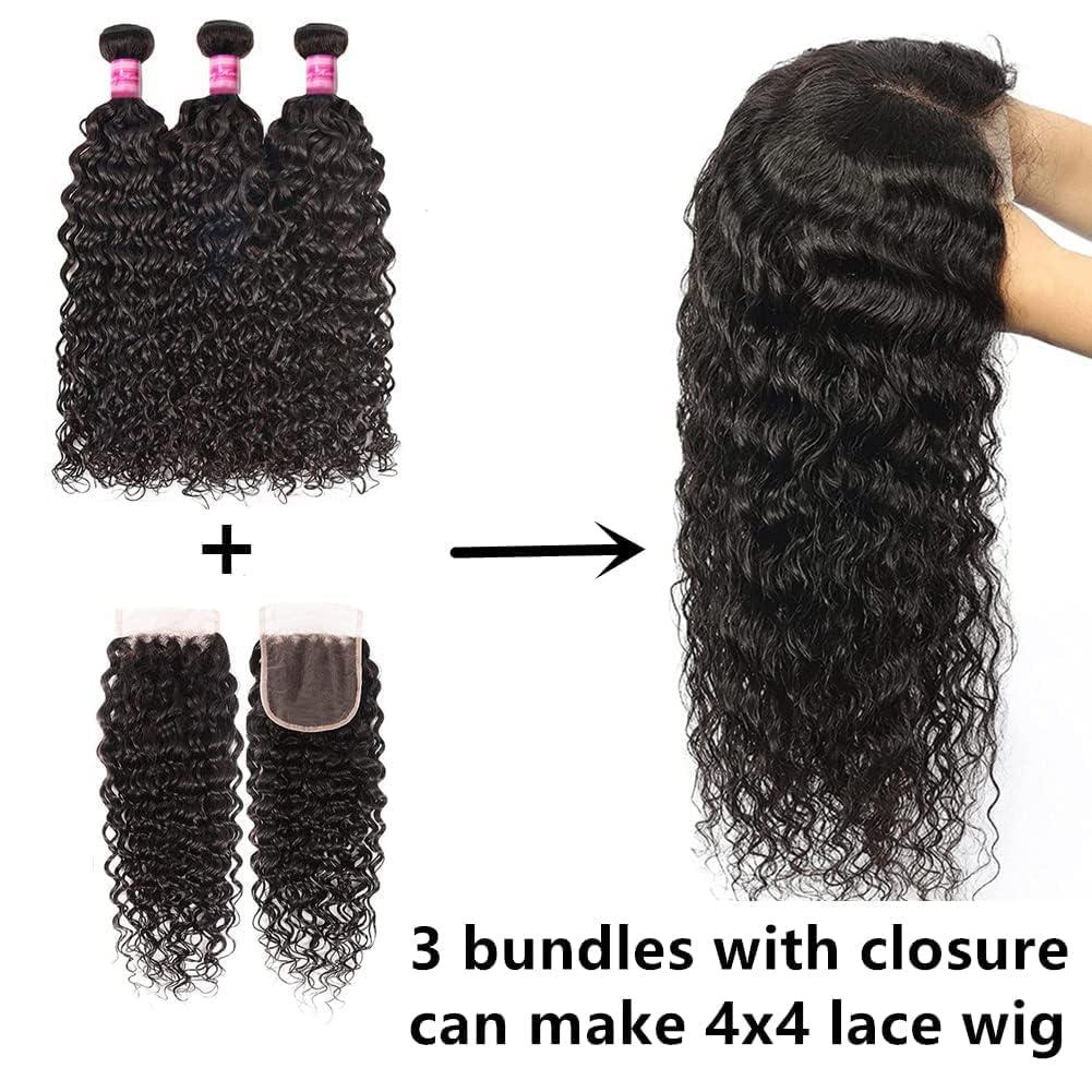 Beautymoon Beautymoon Water Wave Bundles With Closure Human Hair (12 14 16+10) Wet and Wavy Closure with Brazilian Virgin Hair with Baby Hair Free Part Closure Curly Human Hair Bundles Hair Extensions