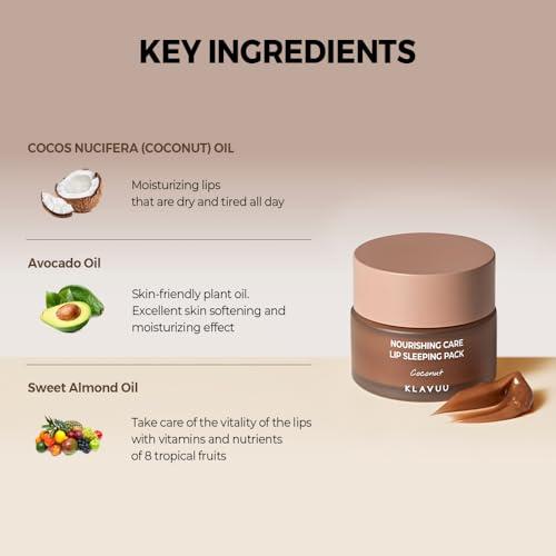 KLAVUU Klavuu Lip Mask Sleeping Pack (0.7oz) Overnight Deep Hydrating Korean Lip Balm Treatment for Very Dry, Chapped Lips | Lip Lightening & Plumping with Instant Hydration | Gentle Exfoliating (Coconut)