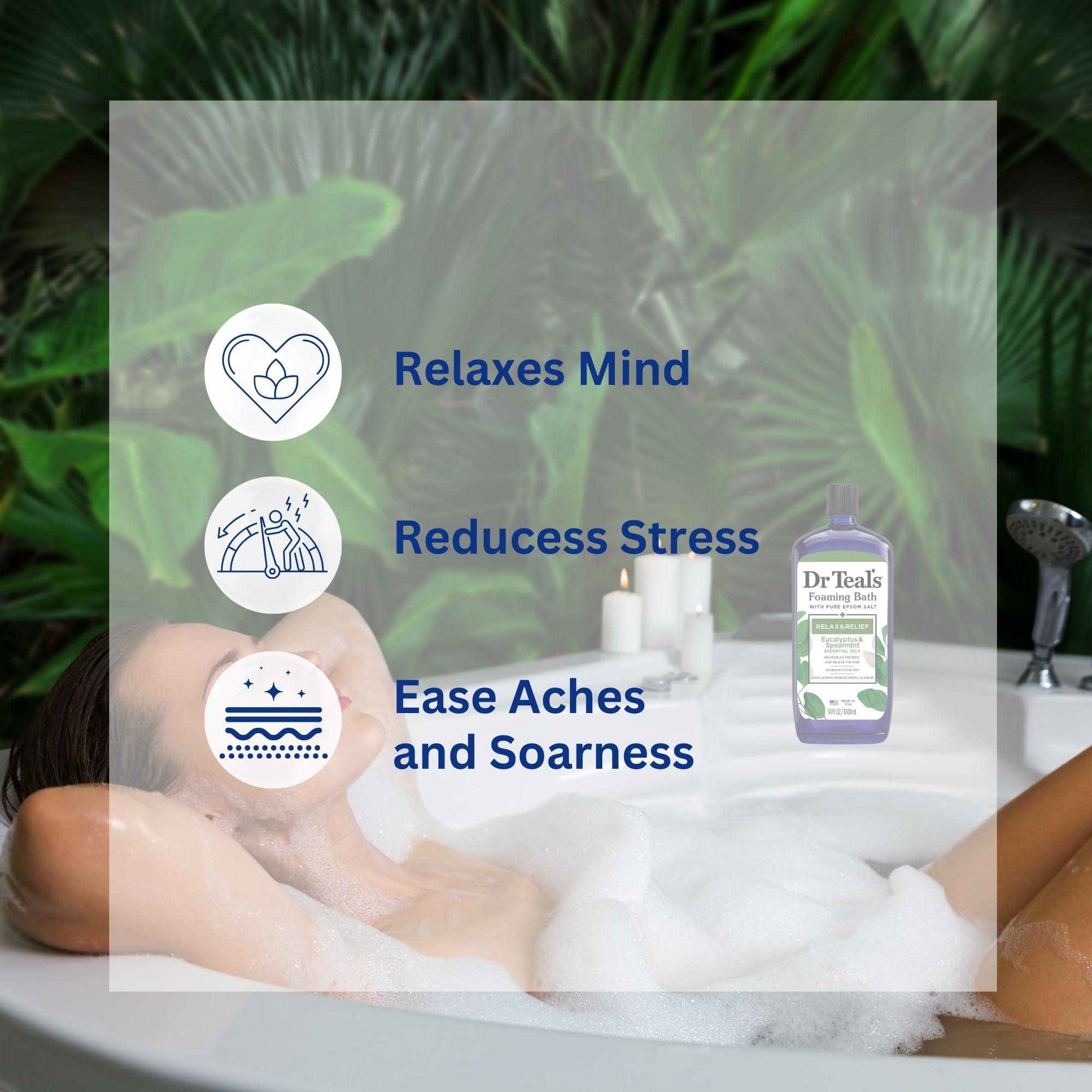 Variety Junction Dr. Teal\'s Eucalyptus and Spearmint Foaming Bath 34oz Bottles (Pack of 2) with Variety Junction Premium Bath Sponge - Relax and Relief, Bubble Bath, Relaxing, Men\'s and Women\'s