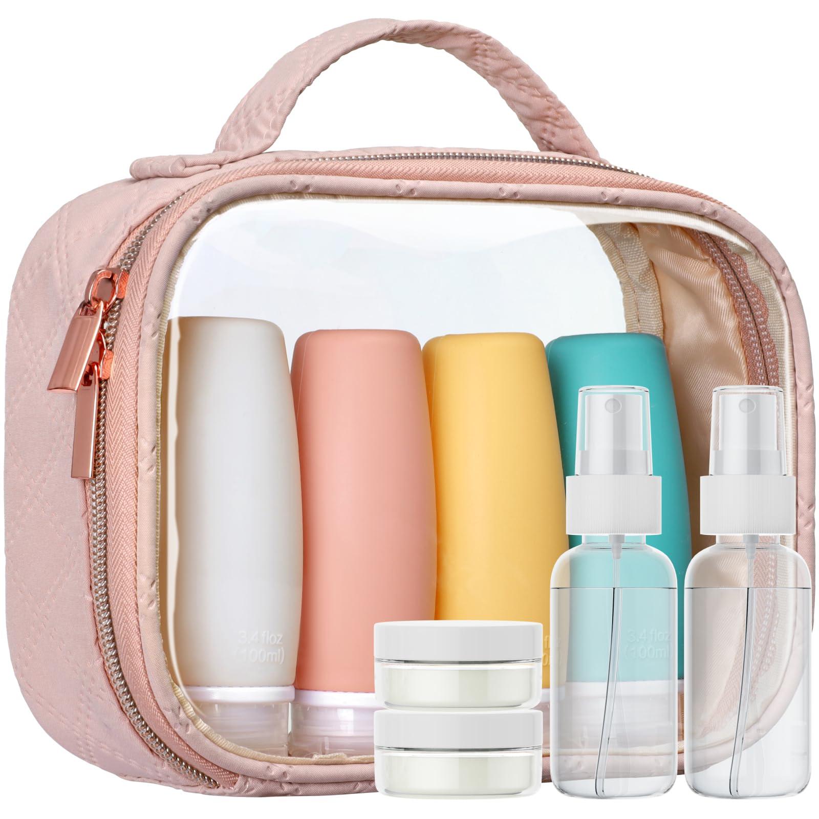 PACKISM PACKISM 2 Pack Rose Pink TSA Approved Toiletry Bag and 9 Pack Travel Bottles with Clear Makeup Bag for Toiletries, Bundle Sales