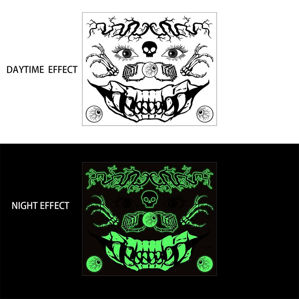 Doneace 10 Sheets Halloween Glow In The Dark Tattoos Face Luminous Temporary Tattoo Waterproof Last Long Glitter Tattoos Stickers Scary Zombie Makeup Kit For Kids Women Girls Boys Adults Party Supplies