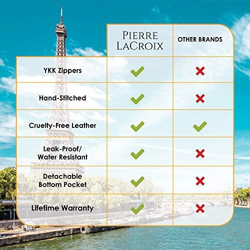 Pierre LaCroix Hanging Travel Toiletry Bag for Women and Men (100% Leak Proof & Doubles as a Cosmetic/Makeup Bag) | Large (34”x11”) | Clear Pockets | Detachable Compartment | Cruelty-Free Leather | (Brown)