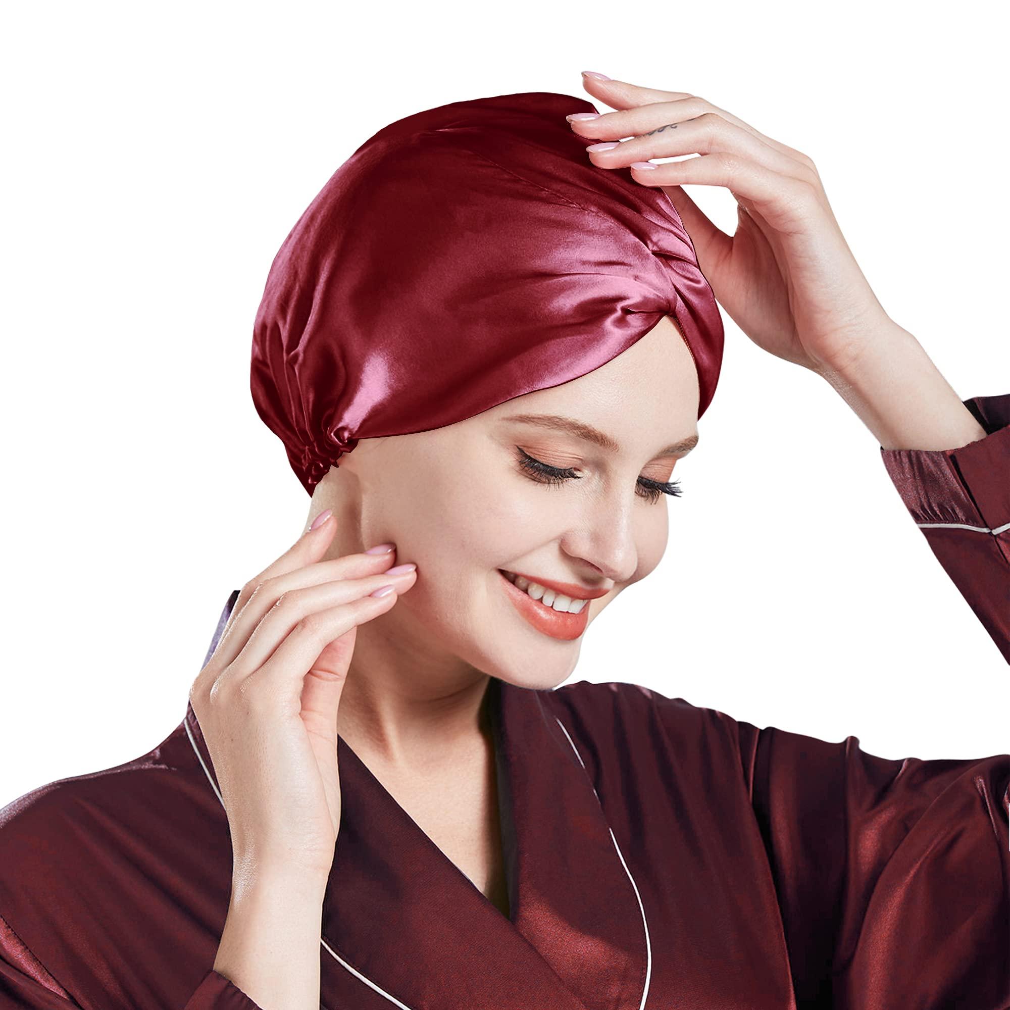 Miwen Miwen Silk Sleep Cap, Double-Lined Pure Mulberry Silk Turban, Hair Wrap & Head Cover for Curly and Thick Hair, Oeko-Tex Certified 19 Momme 6A-Grade Silk,Hair Bonnet for Women Hair Care (1Pc,Red Wine)