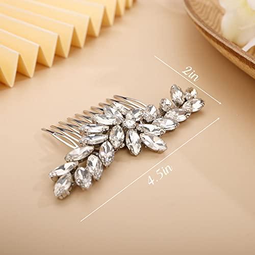 Chargances Chargances Wedding Brides Crystal Hair Comb Bridesmaid Silver Rhinestone Flower Hair Side Comb Fahsion Handmade Hair Accessories for Women Girls Porm Head Pieces (Silver)