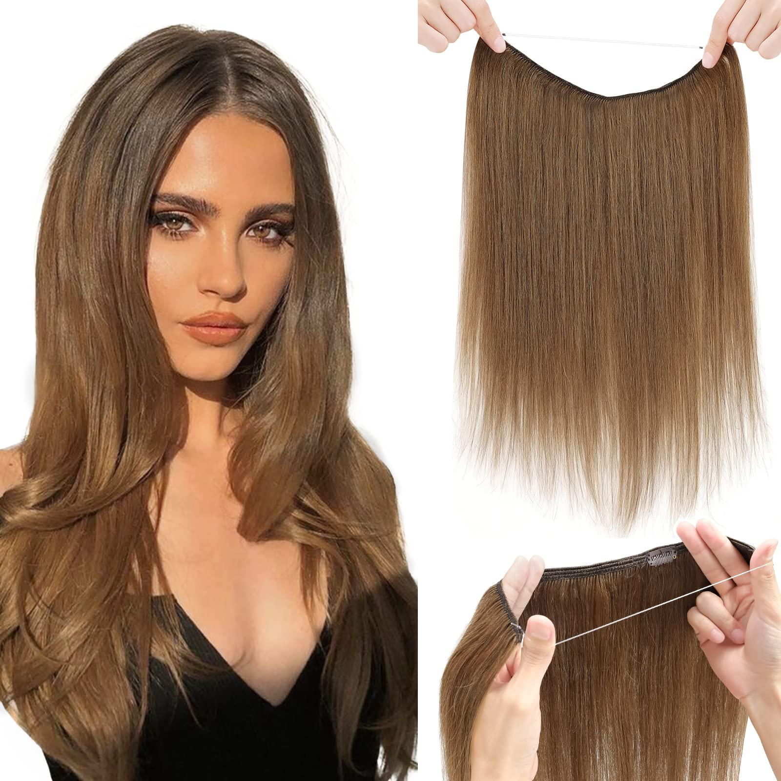 TESS Wire Hair Extensions - 100% Real Human Hair Extensions, Invisible Wire Hair Extensions Real Human Hair for Women, Straight Halo Human Hair Extension, Halo Hair Extension (16 Inch, Light Brown)