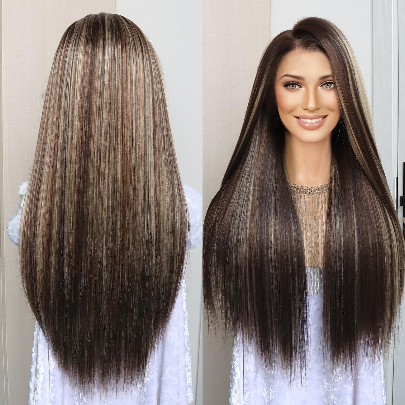 K\'ryssma Kryssma Highlight Blonde Reddish Brown 13x6 Lace Front Wig Pre Plucked Glueless Long Bone Straight Synthetic Lace Front Wigs for Women with 6 Inch Deep Part Mixed Brown 13x6 Wig 24 Inches