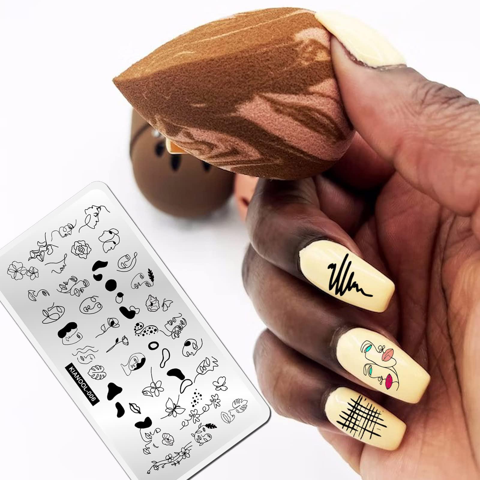 KIANOOL Flower Leaf Nail Stamping Plate 6 Pcs Nail Stamp Plates with Leopard Print Heart Stripe Holiday Nail Stamping Plate Space Star Nail Art Stamping Plates Face Nail Stamper Plate Nail Art Templates