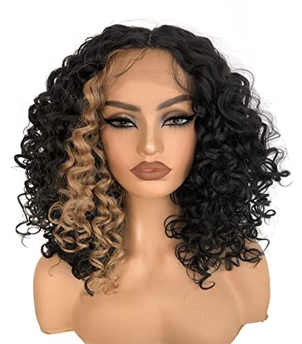 MITIMES MITIMES 16inch Blonde Skunk Stripe Curly Lace Front Wig Synthetic Human Hair Blend Glueless Pre Plucked HD Lace Short Curly Lace Front Wigs for Black Women