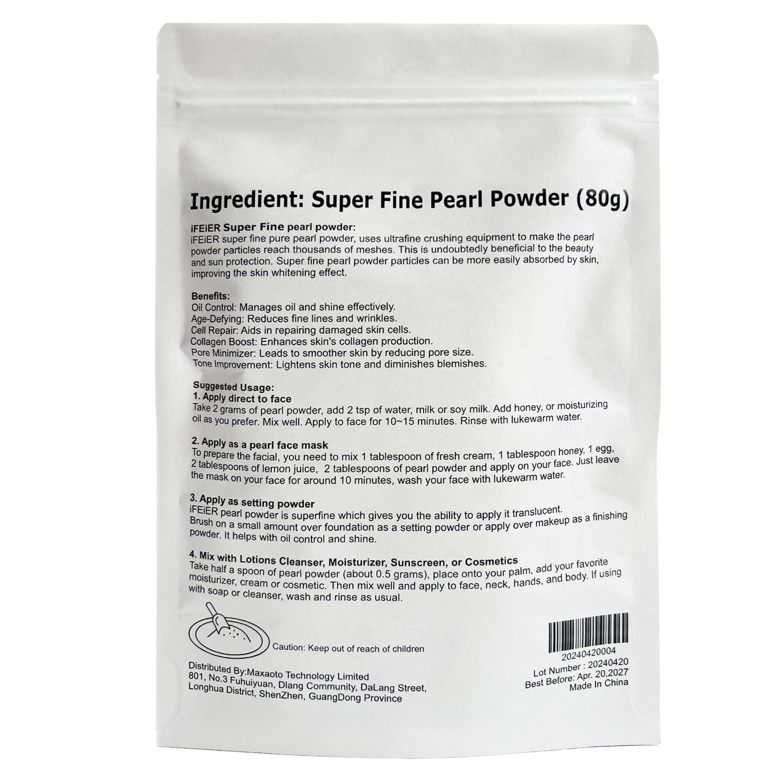 iFEiER iFEiER Pure Freshwater Pearl Powder for Skincare and Homemade Cosmetics Grade. 80g(2.82oz) SuperFine Pearl Powder for DIY lotions | creams | serums | making face mask, Natural and Oranic