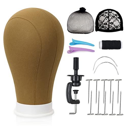 Bileaf 22 Inch Canvas Block Head Wig Mannequin Head Display Styling Poly Canvas Wig Head with Stand for Making Wigs