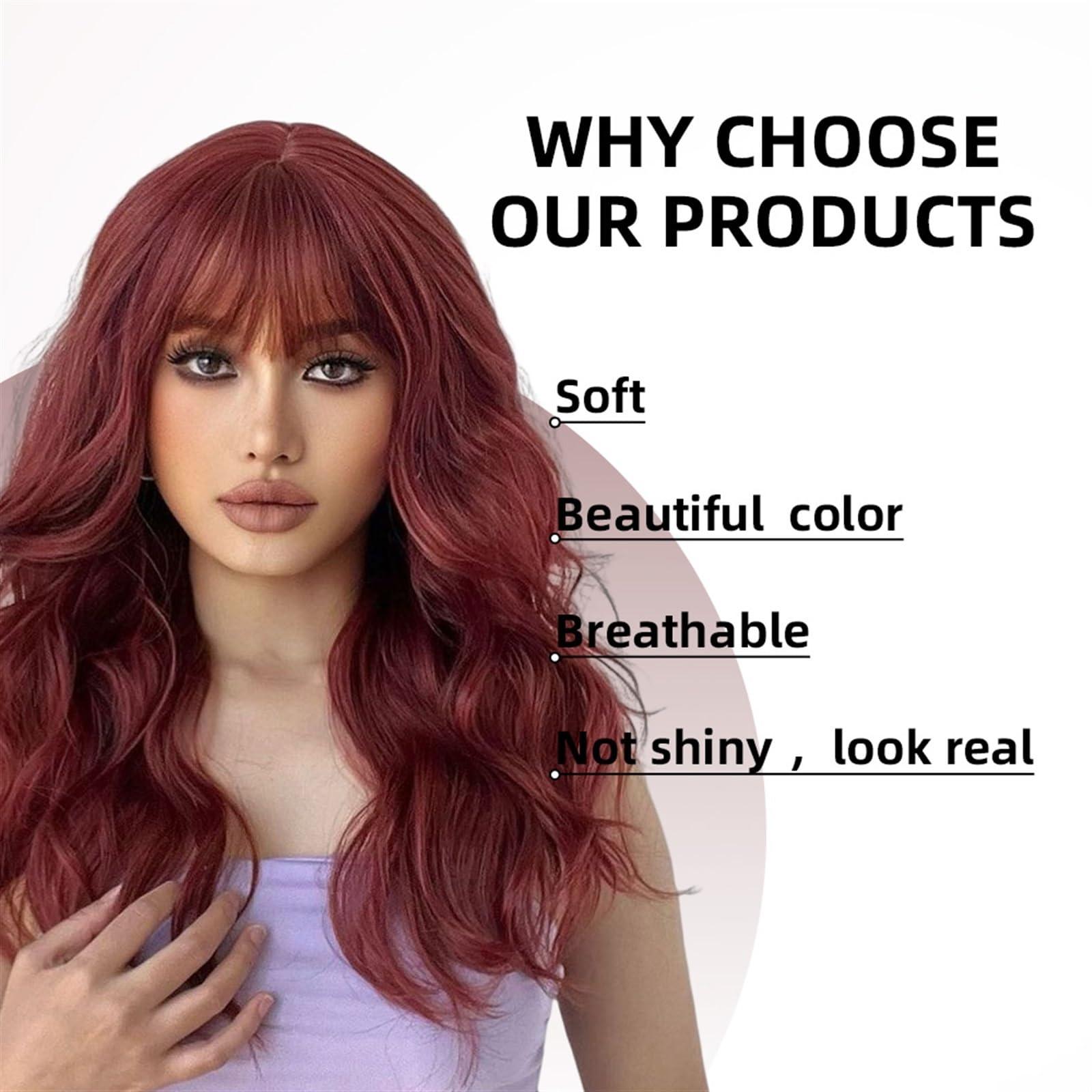 CLoxks CLoxks Wigs Dark Red Wigs with Bangs Long Wave Synthetic Wig High Quality Cosplay Lolita Women Wigs Natural Hair Heat Resistant Lace Wigs