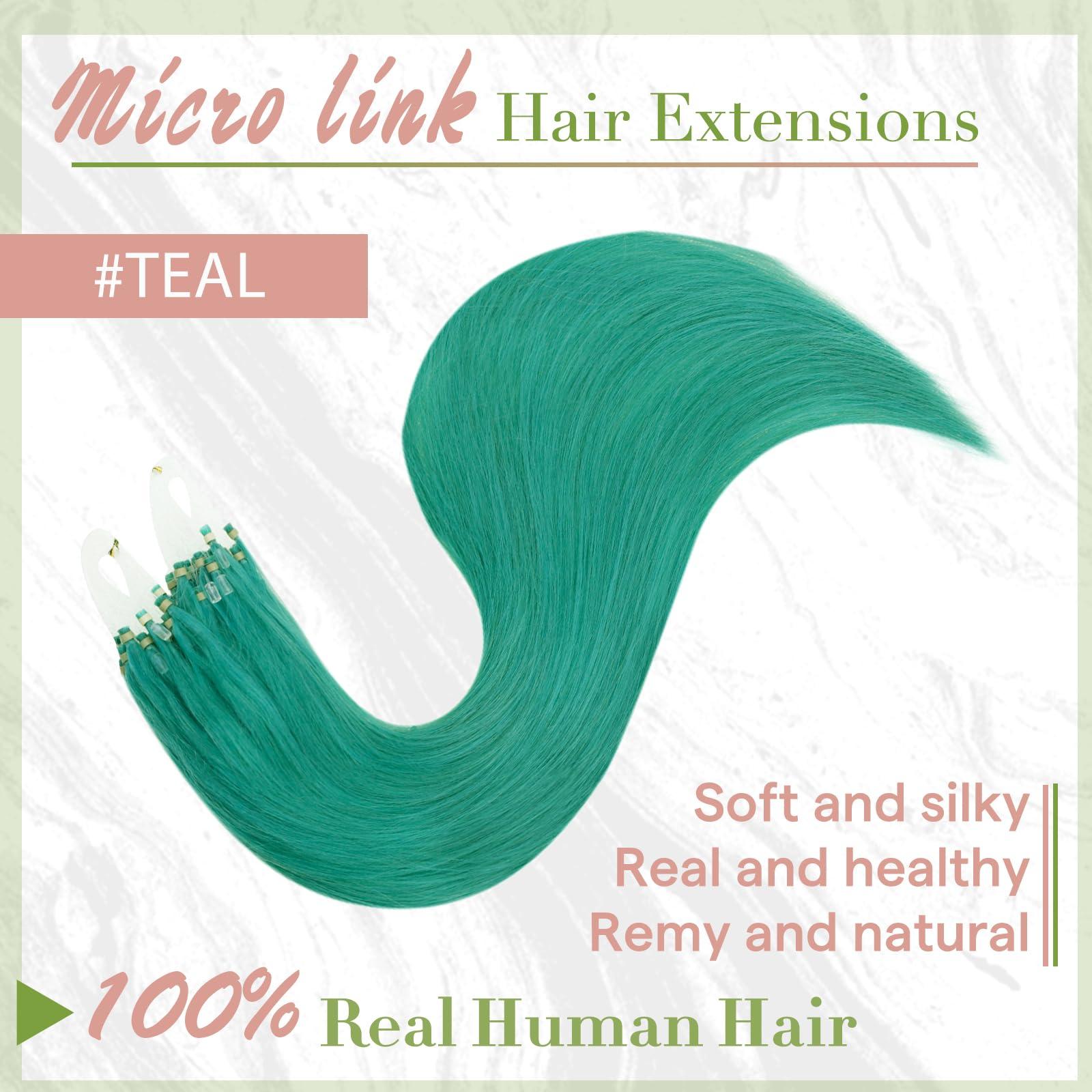 RUNATURE RUNATURE Teal Micro Link Hair Extensions Human Hair Teal Micro Hair Extensions Full Ends Micro Loop Hair Extensions Real Human Hair Natural Teal Hair Extensions Micro Link Straight 18 Inch 25g 25s