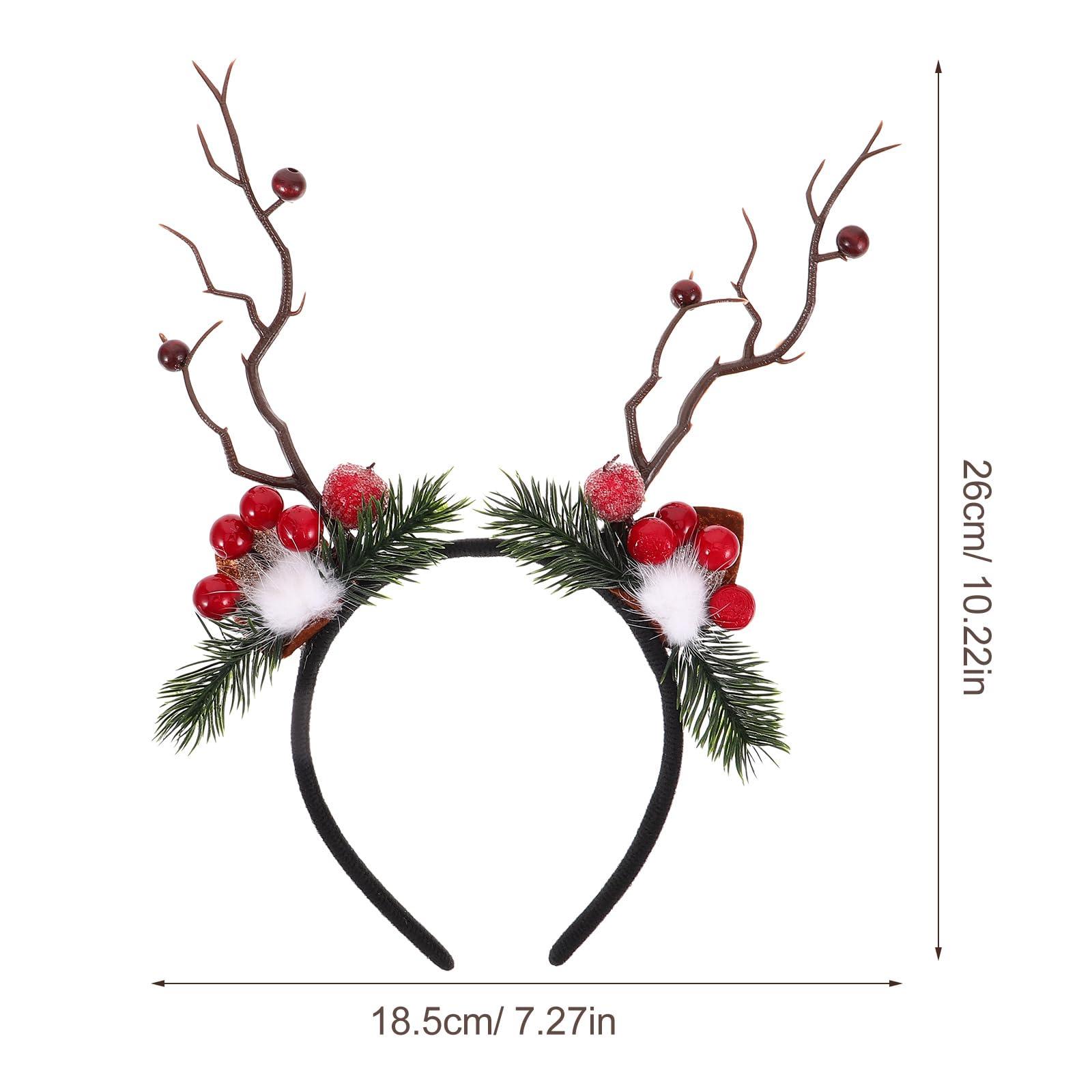 LOGOFUN LOGOFUN Christmas Antler Headband Xmas Antler Hair Band with Red Berries and Hairball Christmas Elk Horns Headdress for Women Girls Xmas Party Costume Hair Accessories