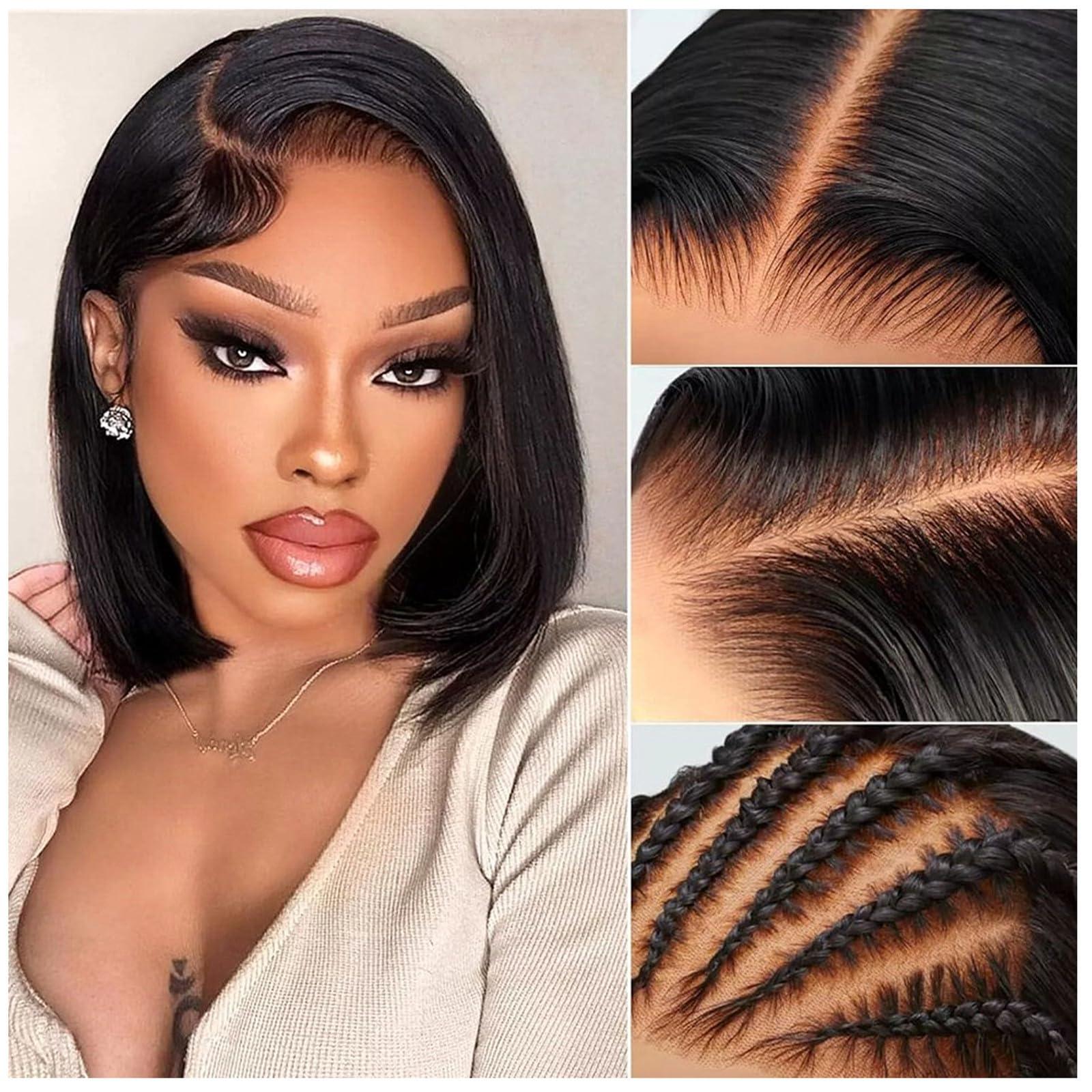 CRYSTALHAIR 10 inch Straight Bob Wig Human Hair, Lace Glueless Front Wigs Human Hair,Highlight Human Hair Bob Wig,Pre Plucked 13x4 HD Lace Front Wigs Human Hair 180% Density Natural Black Wig Human Hair