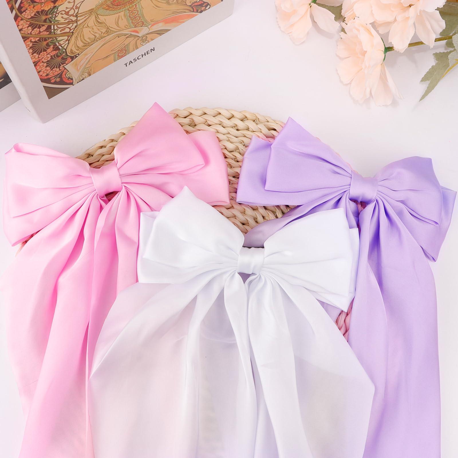 COCIDE 3Pcs Silky Satin Hair Bows for Women Hair Ribbons for Girls Big Bow Hair Ties Large Hair Barrettes for Girl French Cute Hair Clips Long Tail Mexican Hair (White,Purple,Pink)
