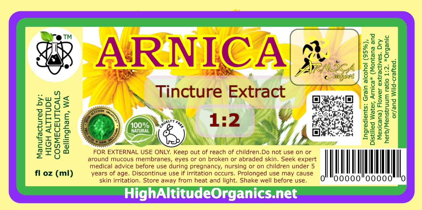 High Altitude Organics Arnica Tincture Liquid Extract by ARNICAmfort - Extra Strength (High Concentration 1:2) - External Skin Bruises, Bath Tea, Body Foot Hand Soak, Soothe Dry Skin Hair Scalp - 8oz