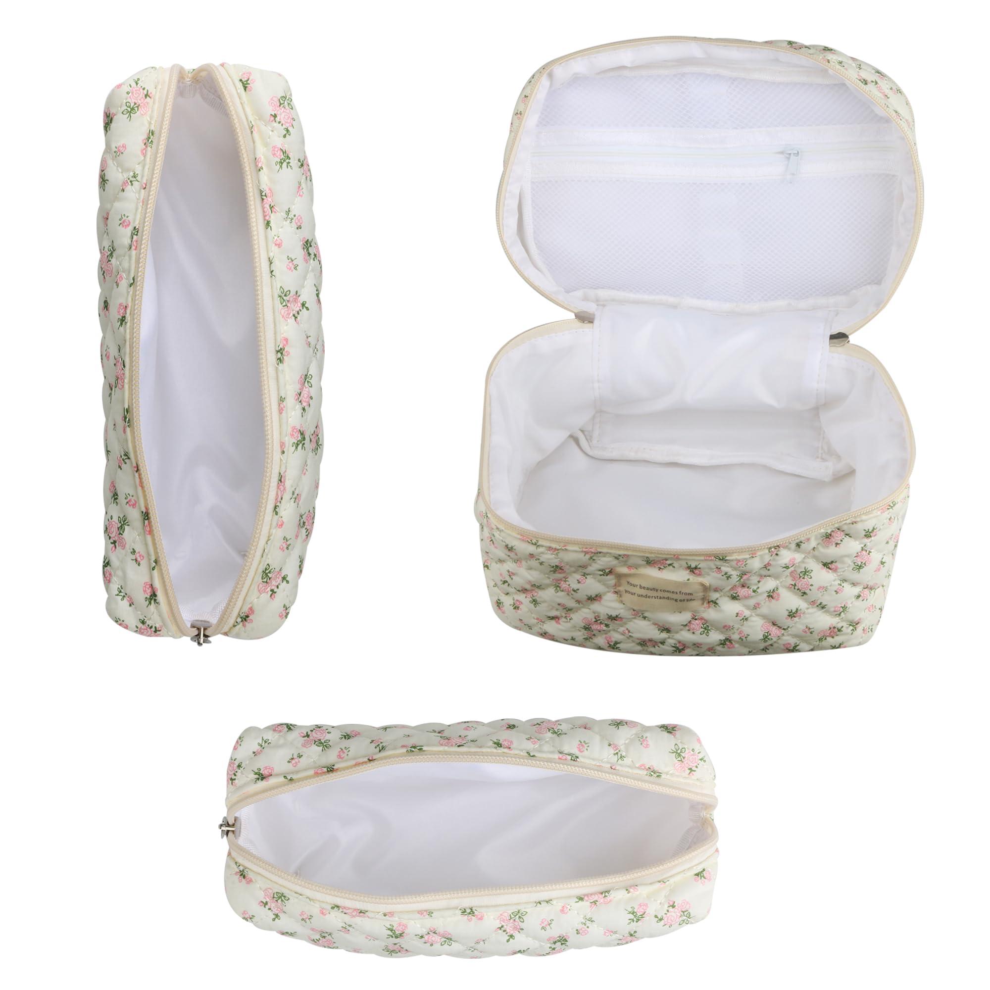 NOYINMIN NOYINMIN Dual Layer Cute Makeup Bag for Women(3 Pcs), Quilted Floral Coquette Aesthetic Make up Bags, Travel Cosmetic Bags Toiletry Organizer Bag(Pink Rose)