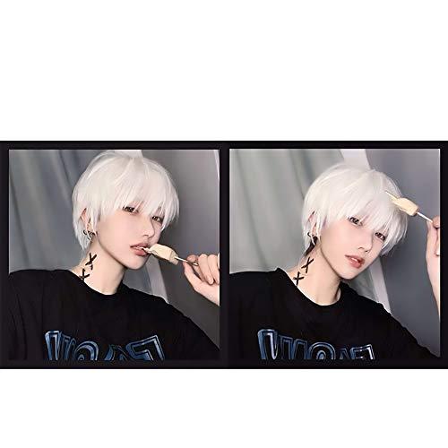 WYH Human Hair Wigs Mens Wig Cosplay Costume Fluffy Wavy Wigs White Wig Synthetic Hair Fancy Dress Stylish Party Youngs Freetress Wigs (Color : White)